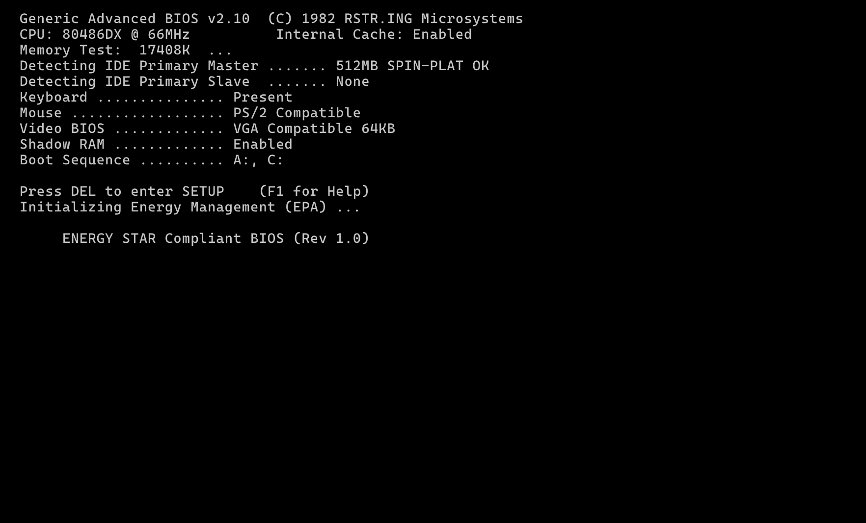 Personal OS boot screen showing the fictional RSTR.ING Microsystems BIOS and hardware startup checks.