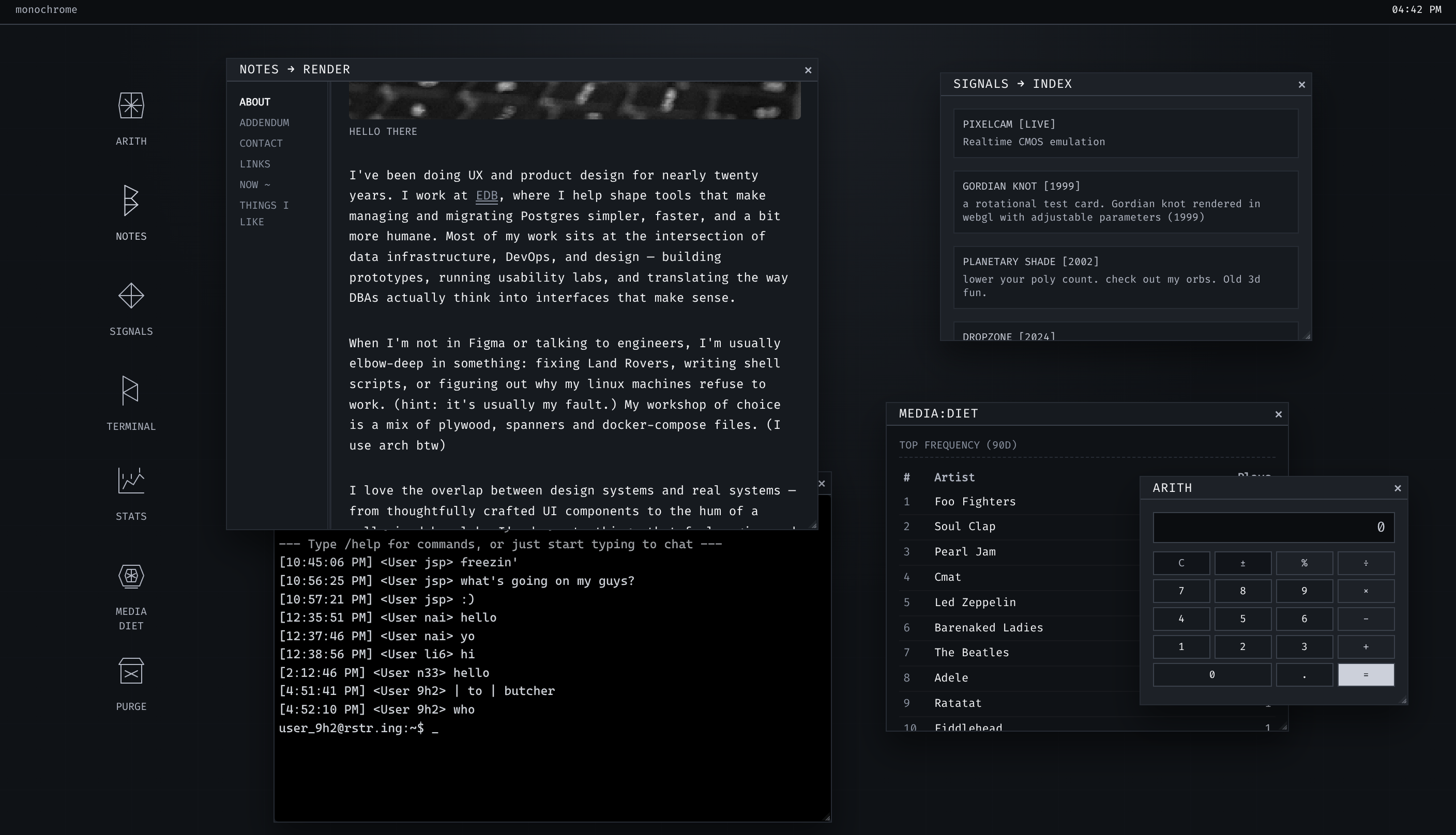 Personal OS desktop with runic application icons and overlapping Notes, Signals, terminal, Media Diet, and calculator windows.